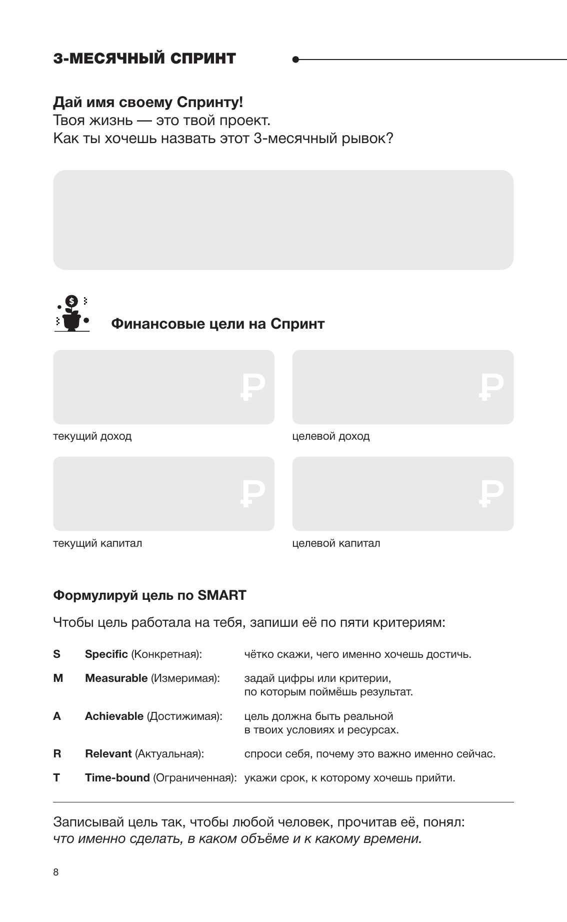 Страница дневника «Трёхмесячный спринт» с целями по SMART